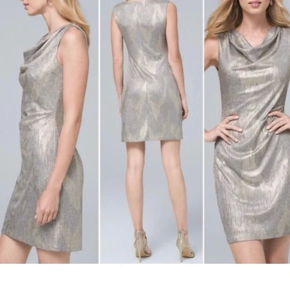 NWT White House Black Market Gray Gold Metallic Drape Neck Shine Dress Size 6 - Picture 10 of 10
